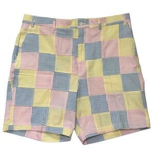 Berle Patchwork Seersucker Shorts Men’s Size 38 Blue Pink Yellow 8” Inseam NEW